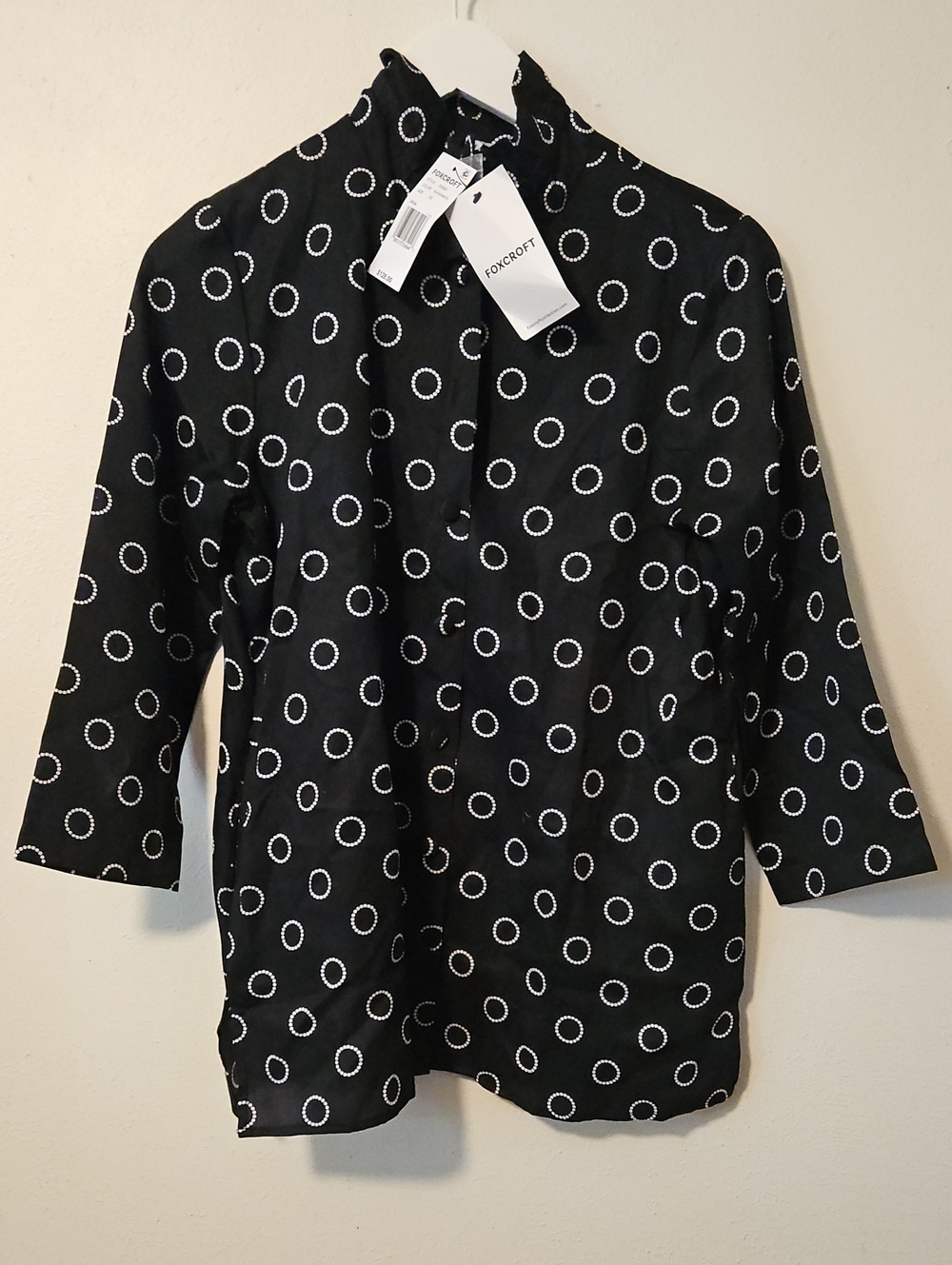 Foxcroft Black Button-Front Blouse with White Circle Motif